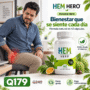 Frasco de HEM HERO con 42 cápsulas, suplemento alimenticio de fórmula natural para bienestar diario, sobre fondo limpio con hojas y elementos naturales.