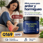 Frasco azul de Neuropathy Cream Extra Strength con etiqueta Gentle Non-Burning Relief sobre una base de madera con plantas al fondo