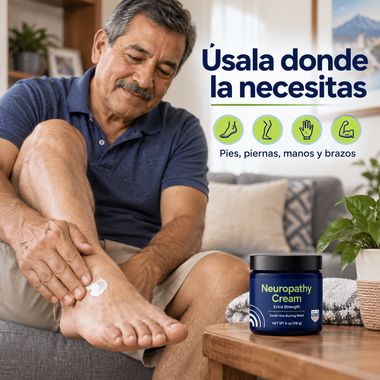 Frasco azul de Neuropathy Cream Extra Strength con etiqueta Gentle Non-Burning Relief sobre una base de madera con plantas al fondo