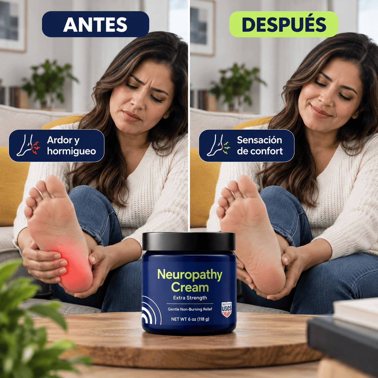 Frasco azul de Neuropathy Cream Extra Strength con etiqueta Gentle Non-Burning Relief sobre una base de madera con plantas al fondo
