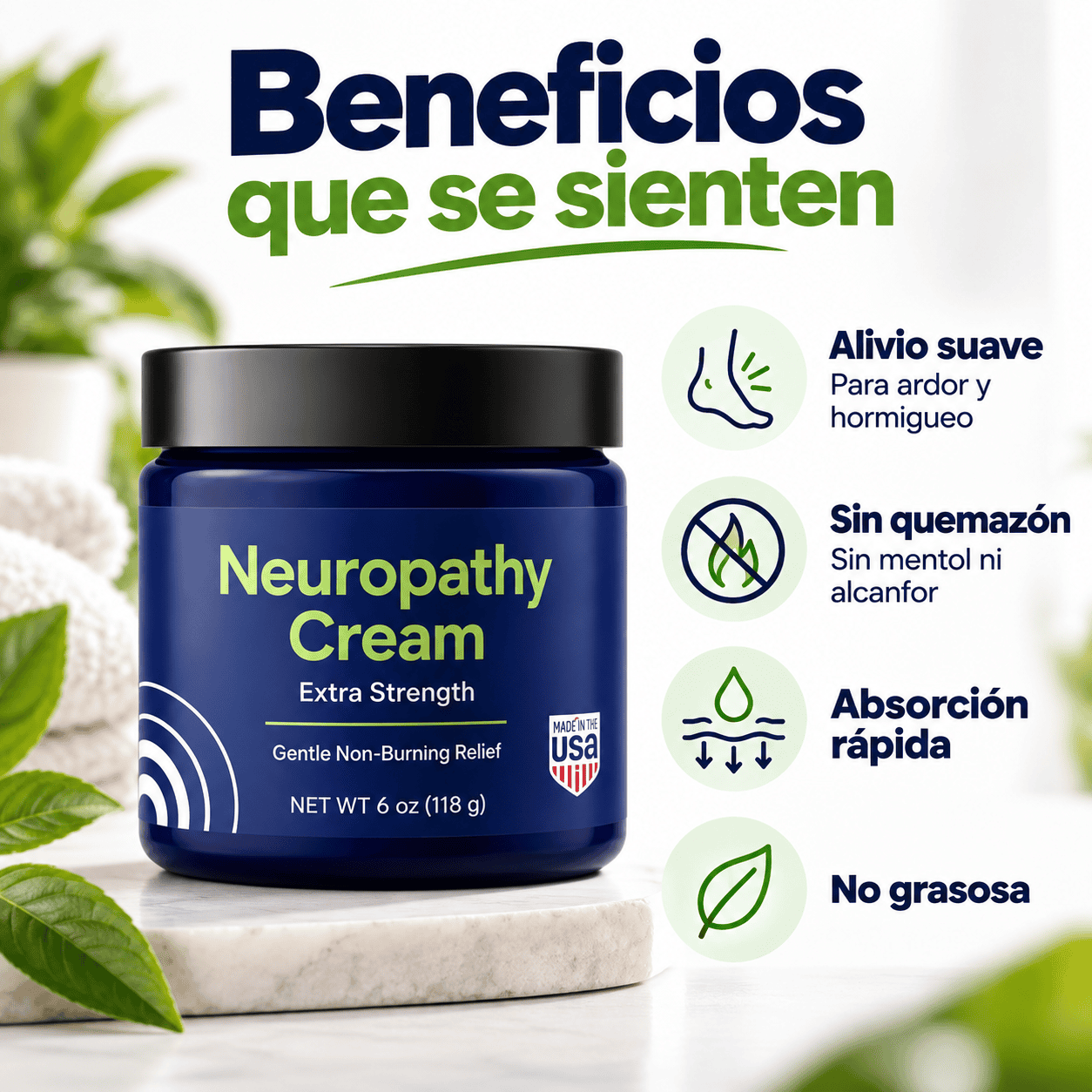 Frasco azul de Neuropathy Cream Extra Strength con etiqueta Gentle Non-Burning Relief sobre una base de madera con plantas al fondo