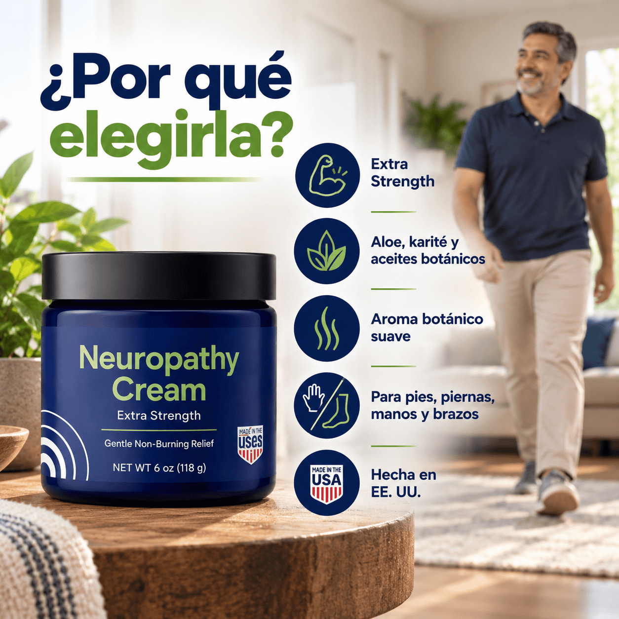 Frasco azul de Neuropathy Cream Extra Strength con etiqueta Gentle Non-Burning Relief sobre una base de madera con plantas al fondo