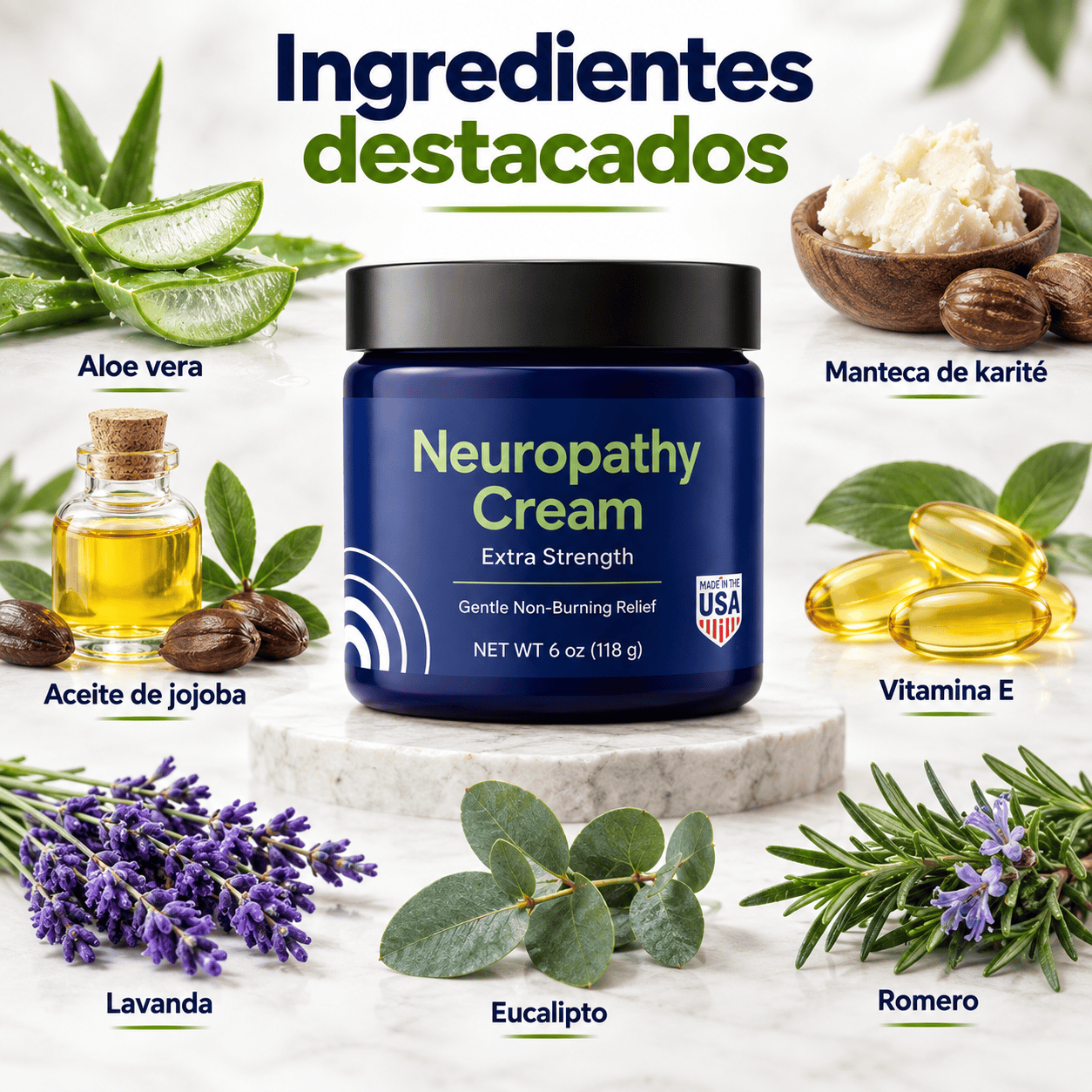 Frasco azul de Neuropathy Cream Extra Strength con etiqueta Gentle Non-Burning Relief sobre una base de madera con plantas al fondo